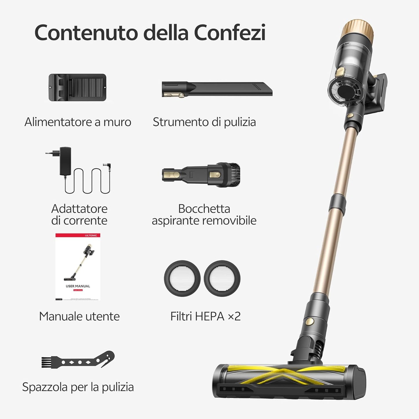 Aspirapolvere Senza Fili, 50Kpa/65 Min Scopa Elettrica Senza Fili, Aspirapolvere Potente Con Tubo Telescopica, Autoportante, Tecnologia Greeneye, per Tappeti/Pavimenti/Peli Di Animali