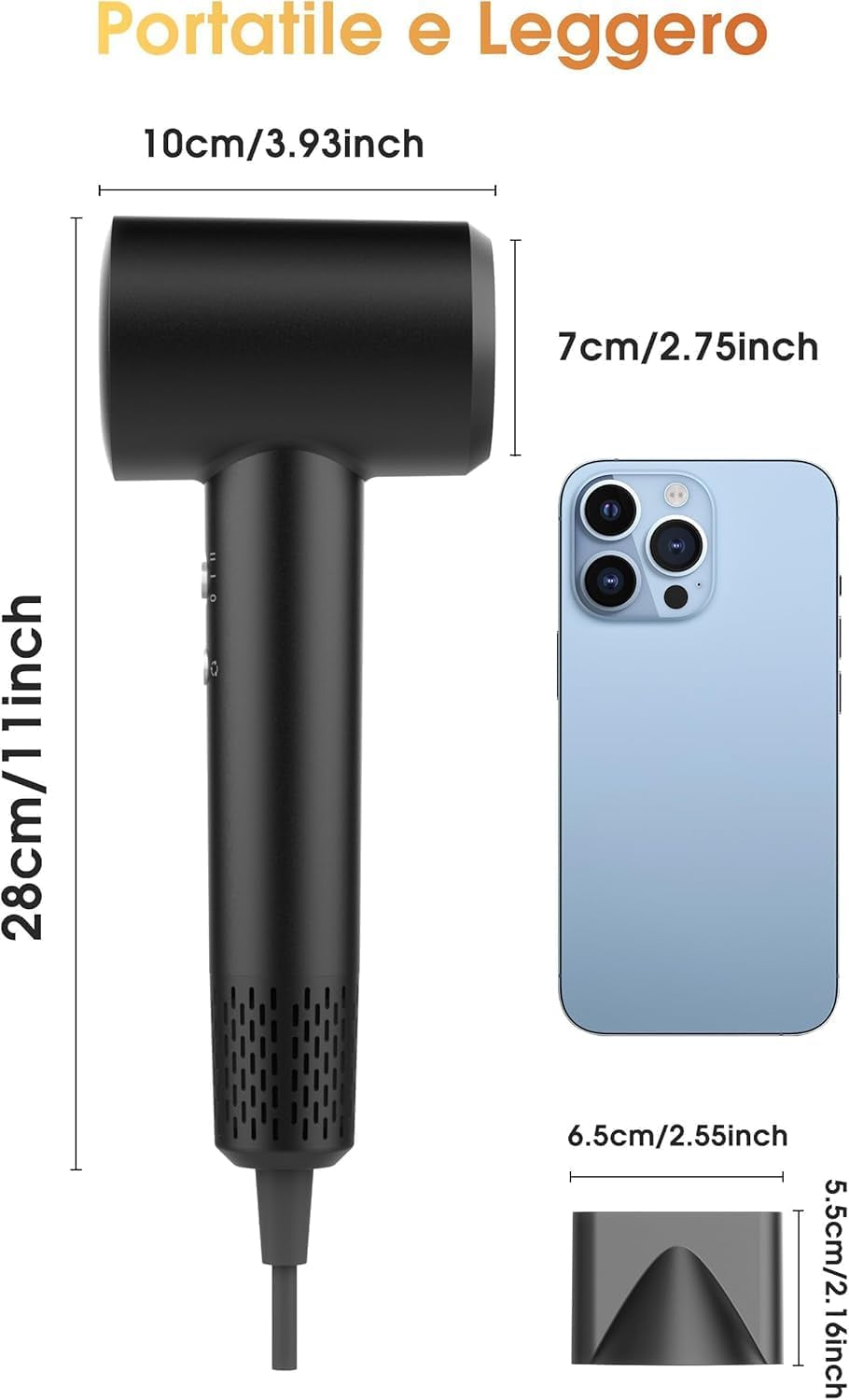 Phon Ionico, 110.000 Giri/Min per Asciugatura Rapida 200 Milioni Di Ioni Asciugacapelli Phon Capelli Ionico Professionale, Phone Capelli Con Ugello Magnetico per Viaggi E Domestico (Dark Gray)