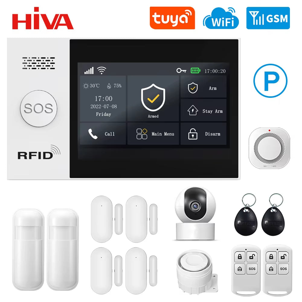 PG-107 Tuya Wireless WIFI GSM Home Burglar Alarm System IP Camera PIR Motion Sensor Door Sensor Security Alarm Kit APP Control