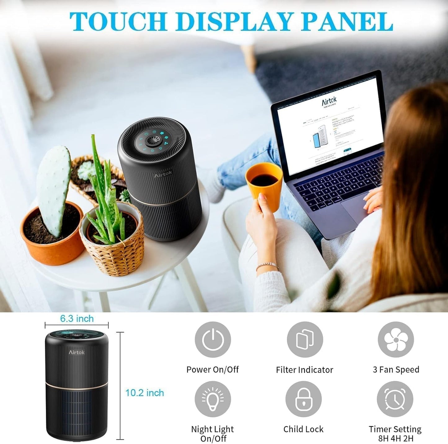 AIRTOK Purificatore Aria, Purificatore D'Aria per Allergie Con Spugna Aromatica,
