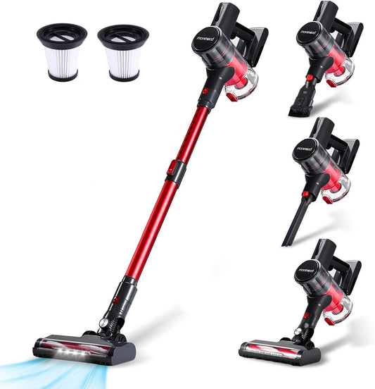 Aspirapolvere Senza Fili 4-In-1 LED 1L Aspirapolvere Telescopico 150W 6X 2200Mah Autonomia Di 49 Minuti, 2 Velocità,Ultraleggero Adatto per Tappeti Pavimenti Duri Peli Di Animali (Rosso)