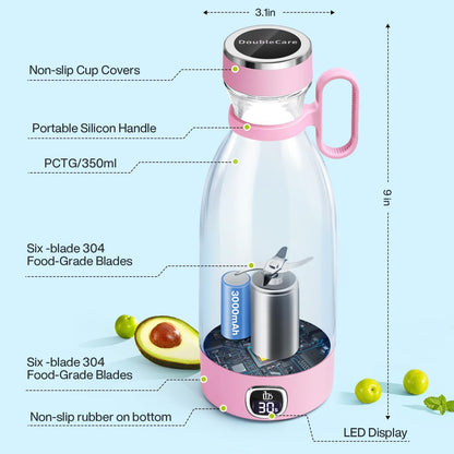 Frullatore Portatile, 6 Lame Con Display a Led, Mini Frullatore Da 350 Ml, Frullatore Elettrico USB, Batteria Ricaricabile Da 3000 Mah, Para Familia, Deporte Y Viajes, Rosa