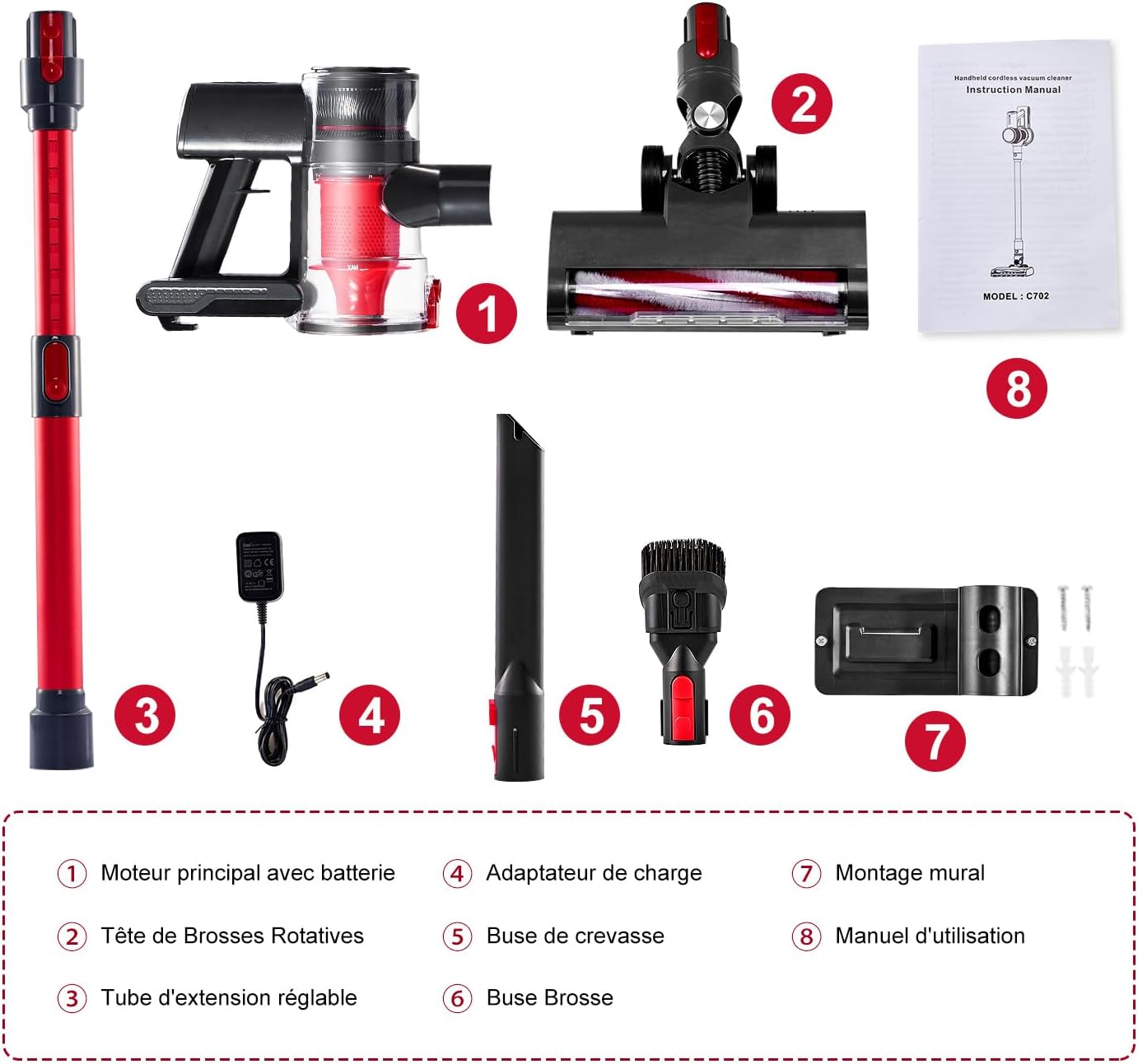 Aspirapolvere Senza Fili 4-In-1 LED 1L Aspirapolvere Telescopico 150W 6X 2200Mah Autonomia Di 49 Minuti, 2 Velocità,Ultraleggero Adatto per Tappeti Pavimenti Duri Peli Di Animali (Rosso)