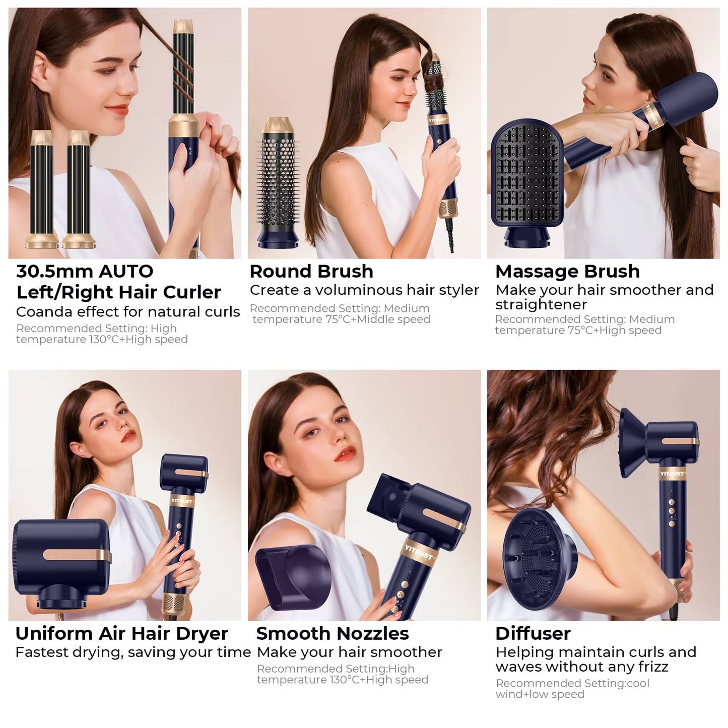 7 in 1 Hair Dryer Brush Brushless High Speed Hair Dryer with Diffuser Ionic 