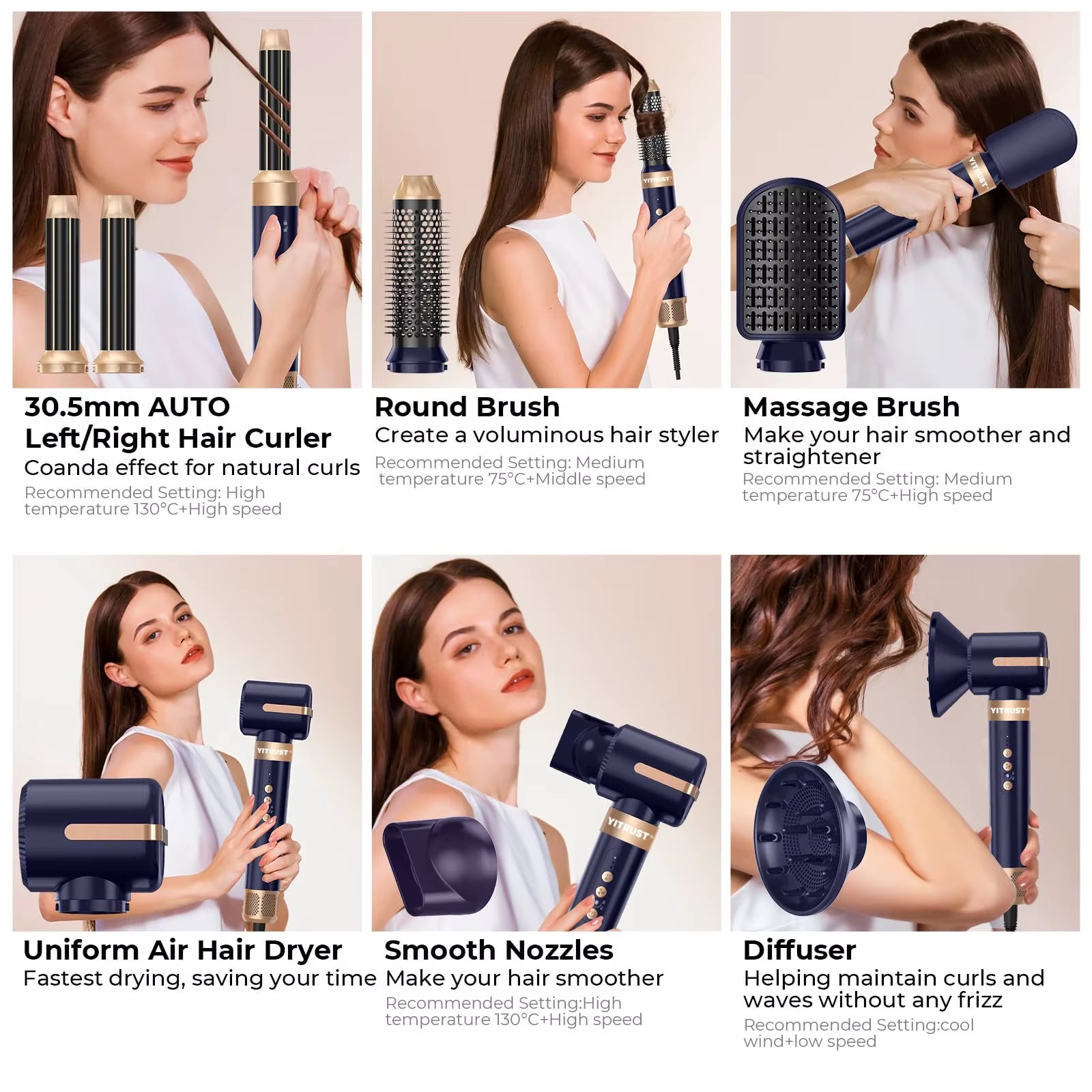 7 in 1 Hair Dryer Brush Brushless High Speed Hair Dryer with Diffuser Ionic 