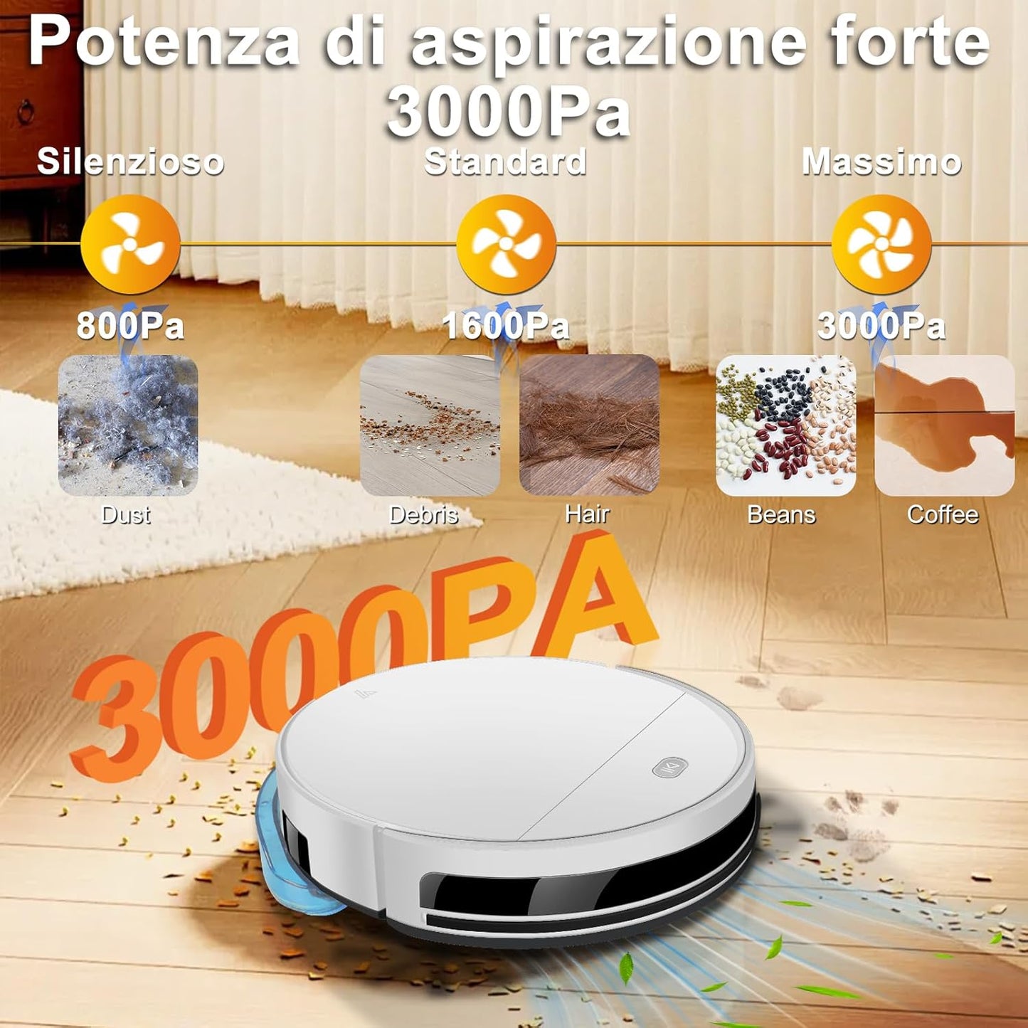 2025 Robot Aspirapolvere Lavapavimenti 2In1 Robot Aspirapolvere Con Fino a 4500Pa 7,8Cm Ultra Sottile App/Alexa Ideale per Peli Di Animali/Tappet-Bianco-Bianco