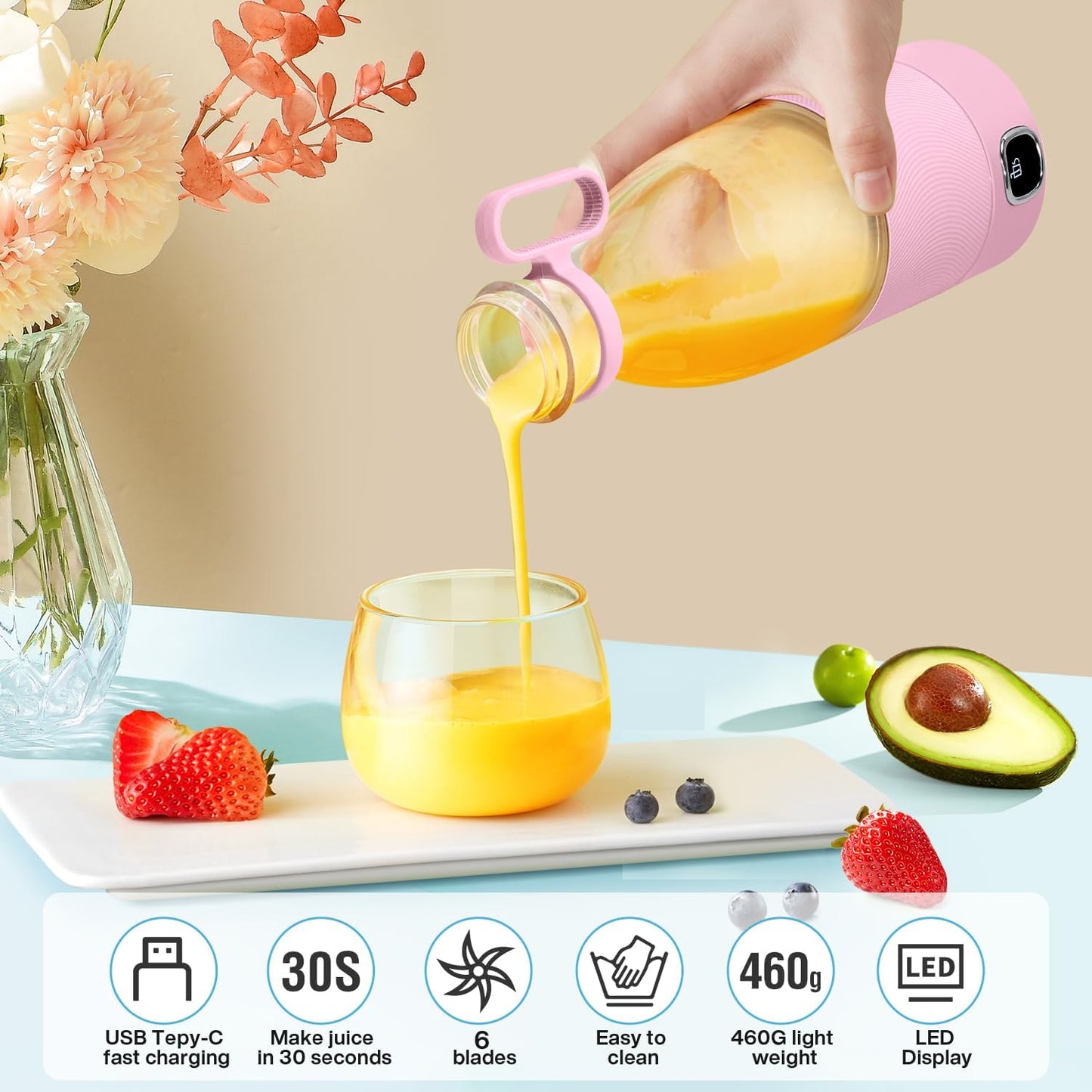 Frullatore Portatile, 6 Lame Con Display a Led, Mini Frullatore Da 350 Ml, Frullatore Elettrico USB, Batteria Ricaricabile Da 3000 Mah, Para Familia, Deporte Y Viajes, Rosa