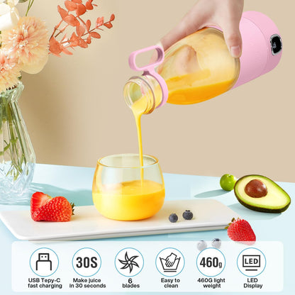 Frullatore Portatile, 6 Lame Con Display a Led, Mini Frullatore Da 350 Ml, Frullatore Elettrico USB, Batteria Ricaricabile Da 3000 Mah, Para Familia, Deporte Y Viajes, Rosa