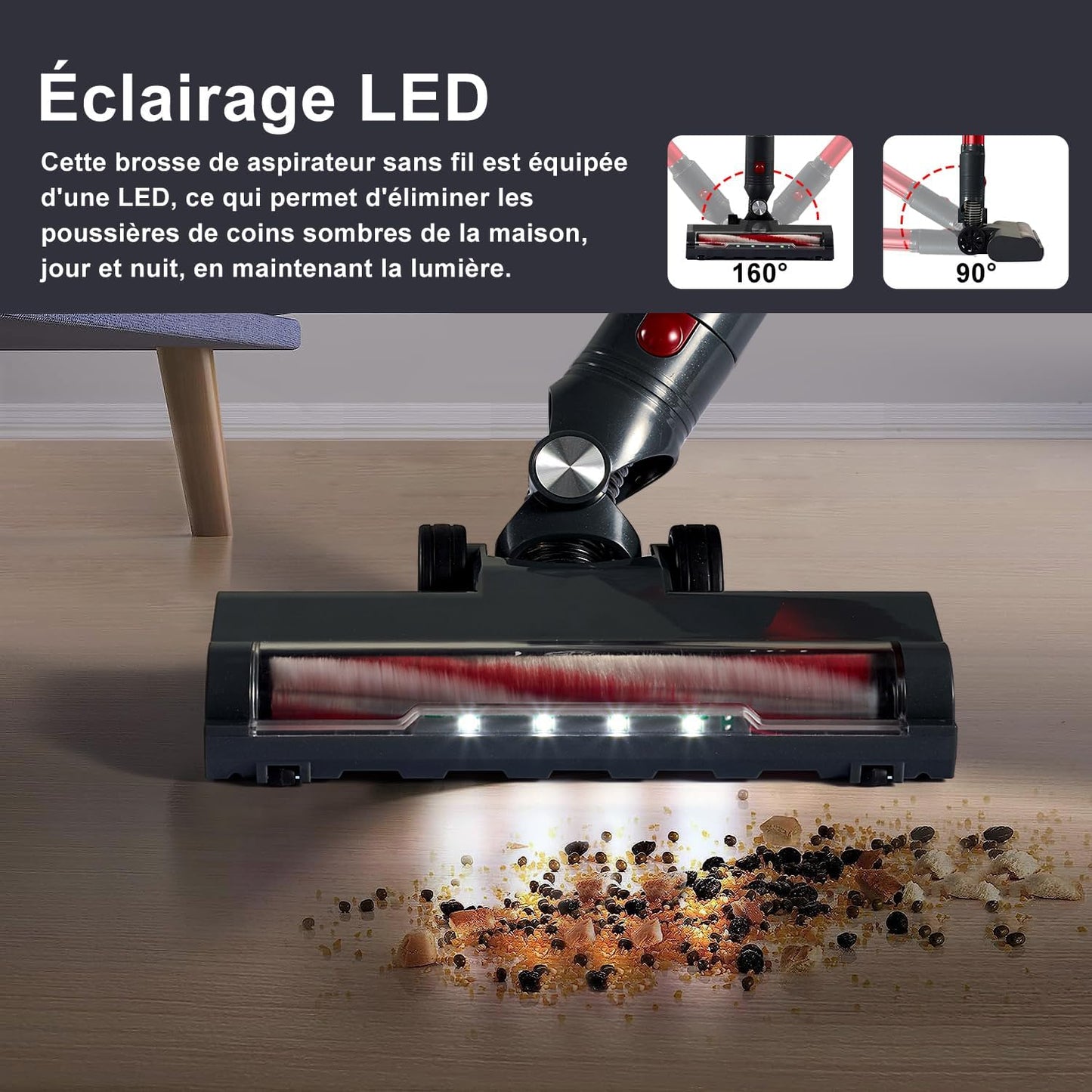 Aspirapolvere Senza Fili 4-In-1 LED 1L Aspirapolvere Telescopico 150W 6X 2200Mah Autonomia Di 49 Minuti, 2 Velocità,Ultraleggero Adatto per Tappeti Pavimenti Duri Peli Di Animali (Rosso)