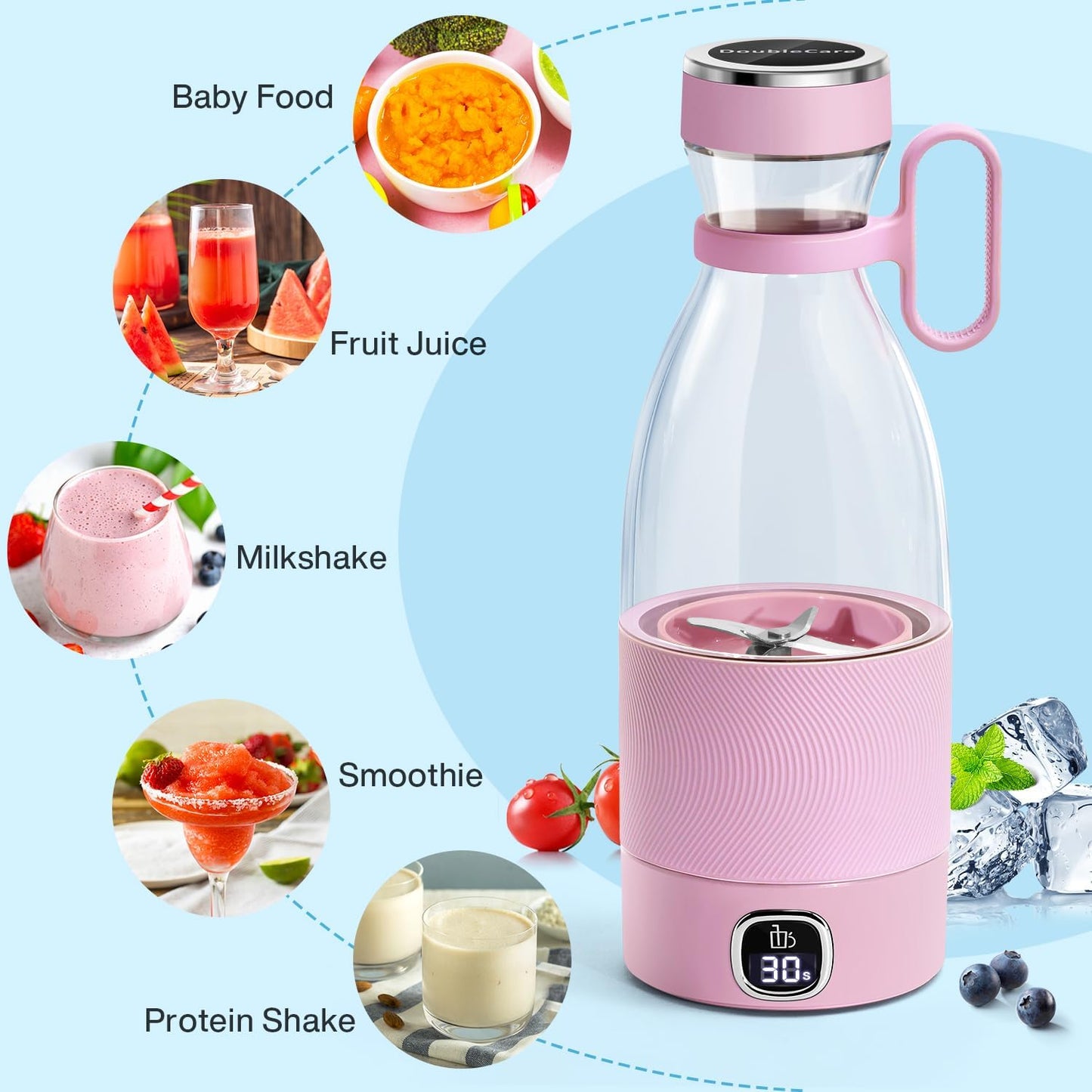 Frullatore Portatile, 6 Lame Con Display a Led, Mini Frullatore Da 350 Ml, Frullatore Elettrico USB, Batteria Ricaricabile Da 3000 Mah, Para Familia, Deporte Y Viajes, Rosa