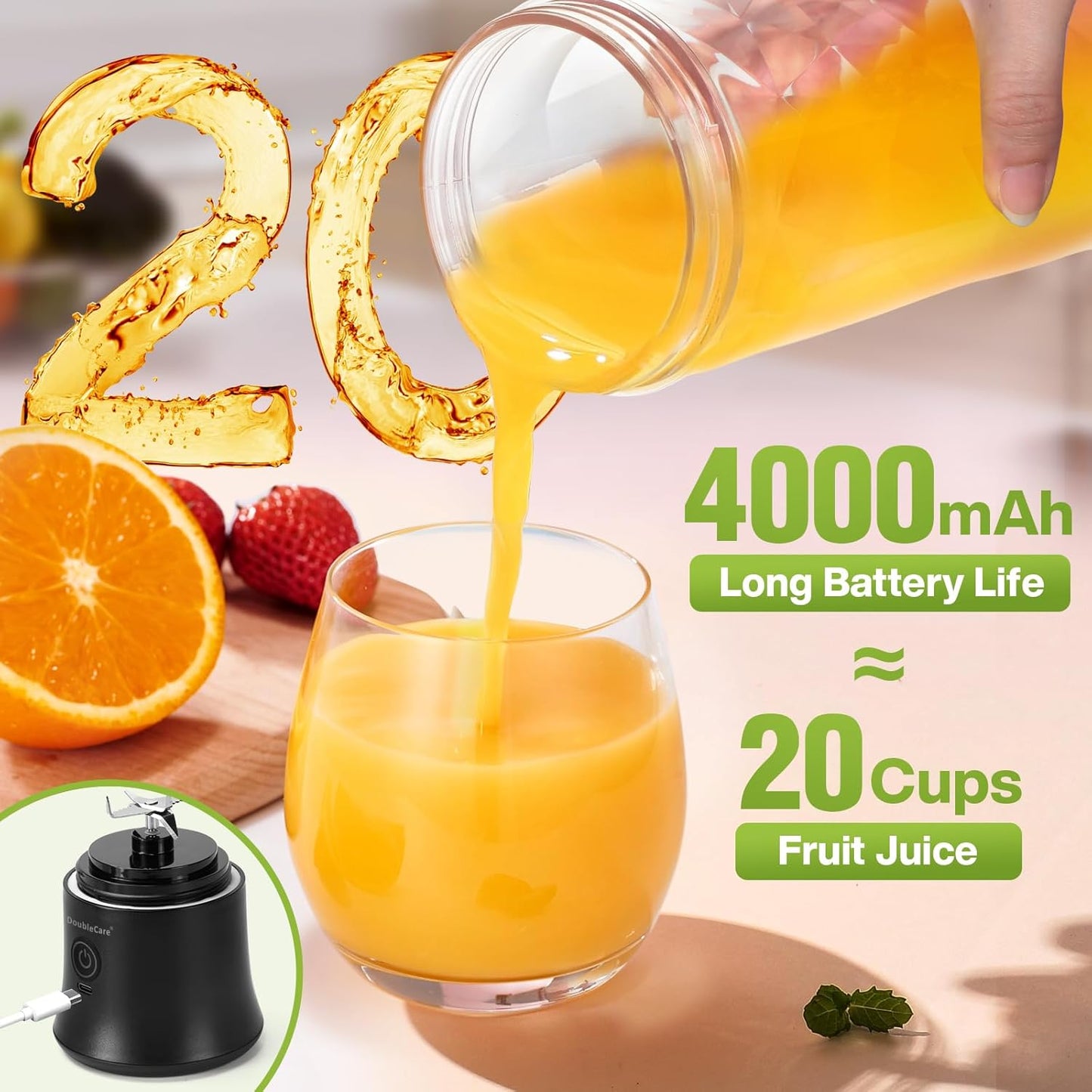 Frullatore Portatile,Usb Mini Frullatore 600 Ml Grande Capacità E 4000Mah Batteria,6 Lame 3D E Ipx67 Waterproof, Motore Da 270W per Preparare Frappè E Frullati, per Casa/Ufficio/Esterno