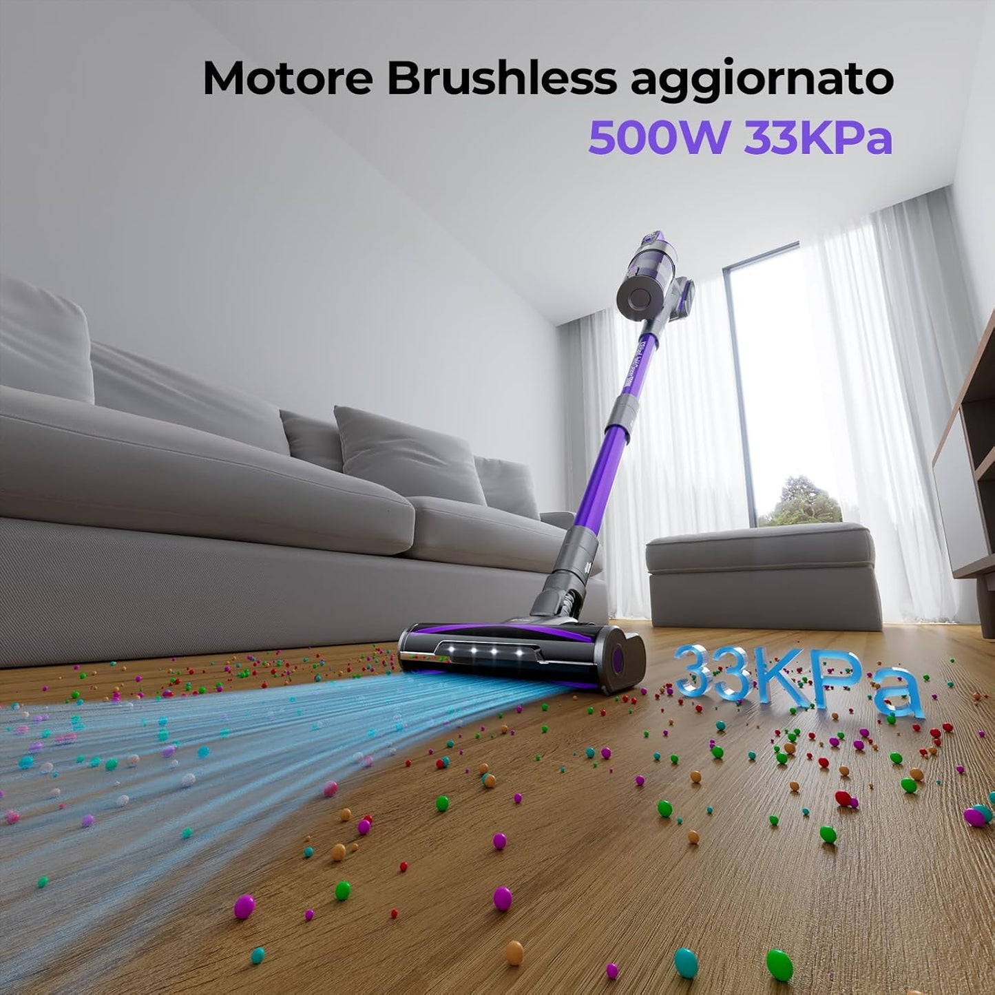 X18 Aspirapolvere Senza Fili, 33Kpa/500W/65Min, 4-In-1 Scopa Elettrica Senza Fili 4 Livelli Di Aspirazione Regolabili, Aspirapolvere Verticale Potente per Pavimenti, Tappeti, Peli Animali