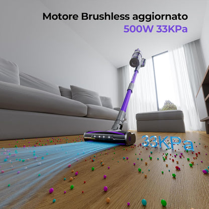 X18 Aspirapolvere Senza Fili, 33Kpa/500W/65Min, 4-In-1 Scopa Elettrica Senza Fili 4 Livelli Di Aspirazione Regolabili, Aspirapolvere Verticale Potente per Pavimenti, Tappeti, Peli Animali