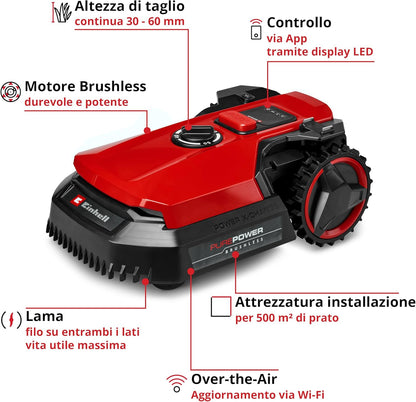 Tosaerba Robotizzato FREELEXO 500 Power X-Change (18 V, Controllo App, IPX5, Aggiornamenti Over-The-Air via Wi-Fi, Incl. Set Di Installazione per 500 M² + 2,5 Ah Plus)