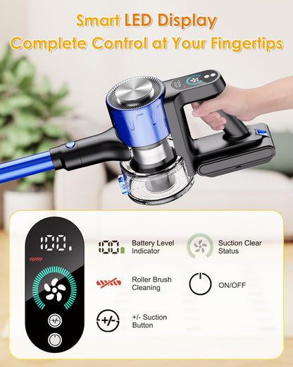 Aspirapolvere Senza Fili Con Max 60MIN, Aspirazione Potente Da 500W/50000PA, Ricarica a Parete, Scopa Elettrica Senza Fili Potente Con LED Screen, Spazzole Multiple, Adatto per Tappeti/Pavimenti