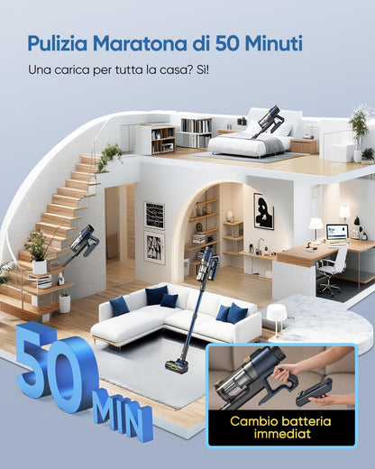 V12 Aspirapolvere Senza Fili 58000Pa/ 50Min Aspirapolvere Lavapavimenti Potente Scopa Elettrica Senza Fili Antigroviglio,Ultraleggero,Aspirapolvere Senza Sacco