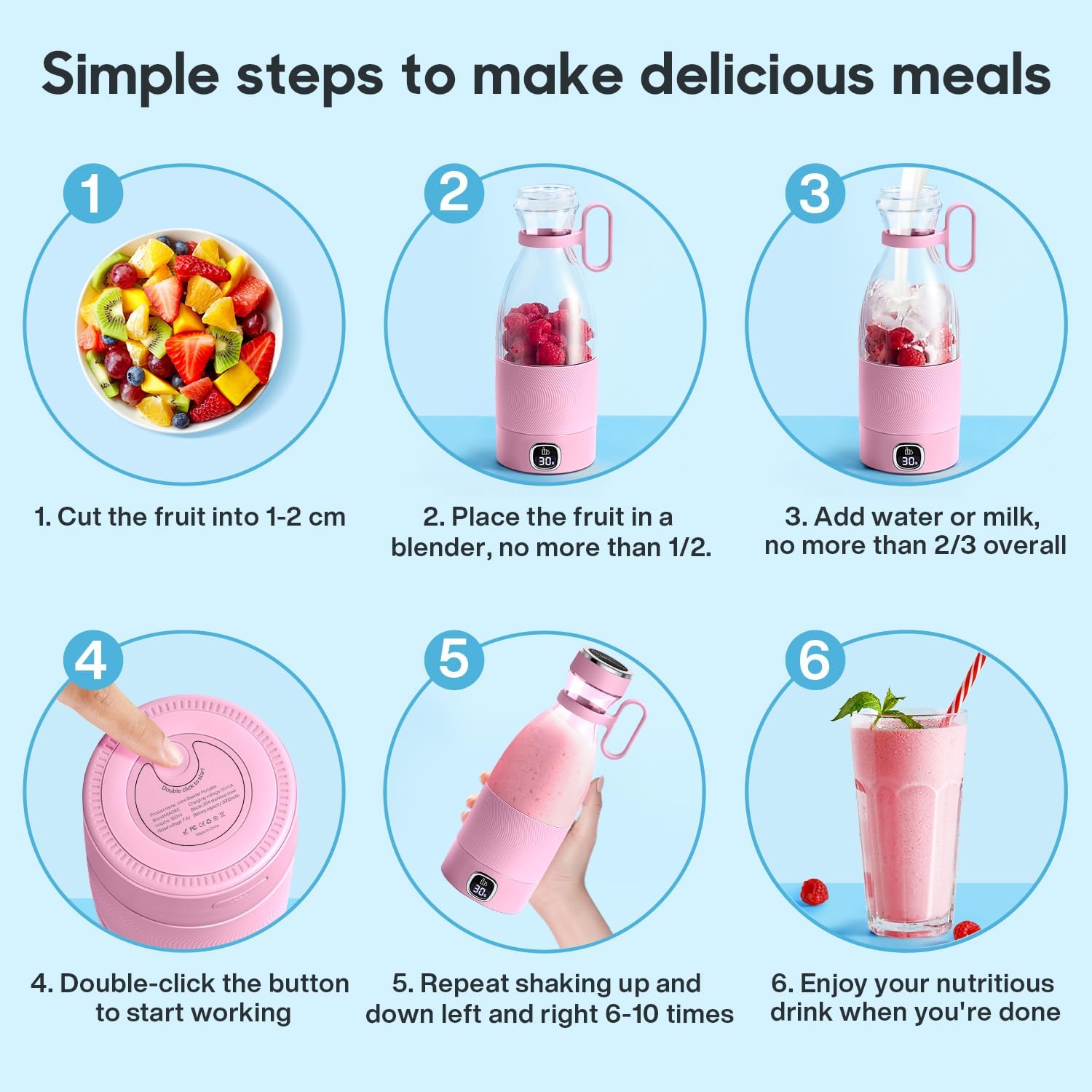 Frullatore Portatile, 6 Lame Con Display a Led, Mini Frullatore Da 350 Ml, Frullatore Elettrico USB, Batteria Ricaricabile Da 3000 Mah, Para Familia, Deporte Y Viajes, Rosa