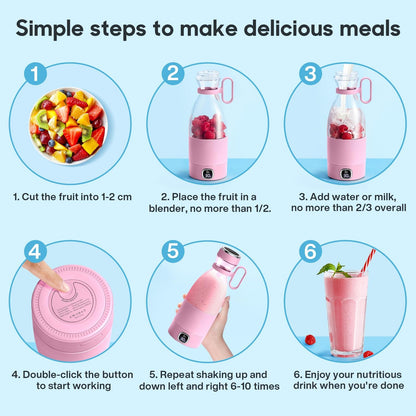Frullatore Portatile, 6 Lame Con Display a Led, Mini Frullatore Da 350 Ml, Frullatore Elettrico USB, Batteria Ricaricabile Da 3000 Mah, Para Familia, Deporte Y Viajes, Rosa