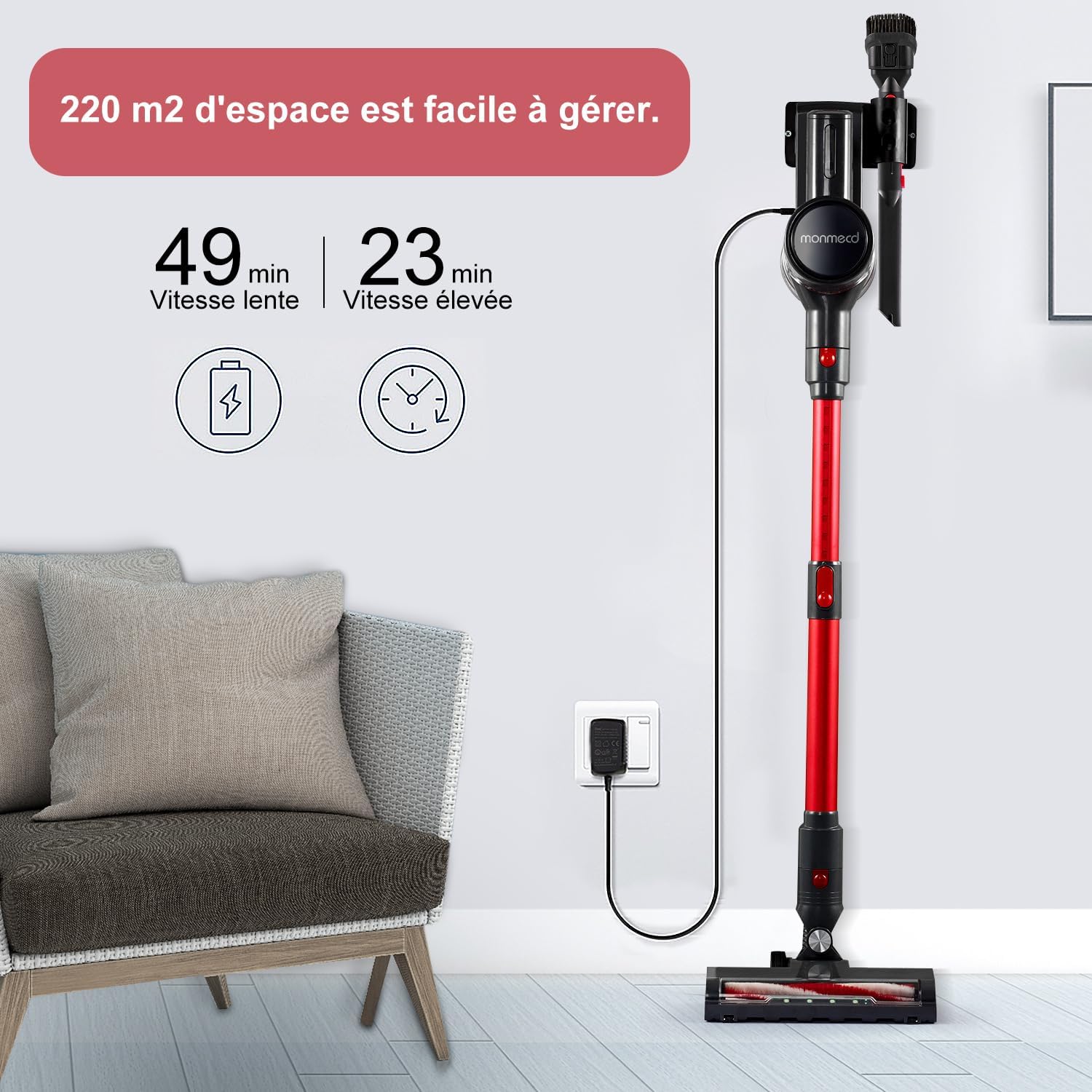 Aspirapolvere Senza Fili 4-In-1 LED 1L Aspirapolvere Telescopico 150W 6X 2200Mah Autonomia Di 49 Minuti, 2 Velocità,Ultraleggero Adatto per Tappeti Pavimenti Duri Peli Di Animali (Rosso)