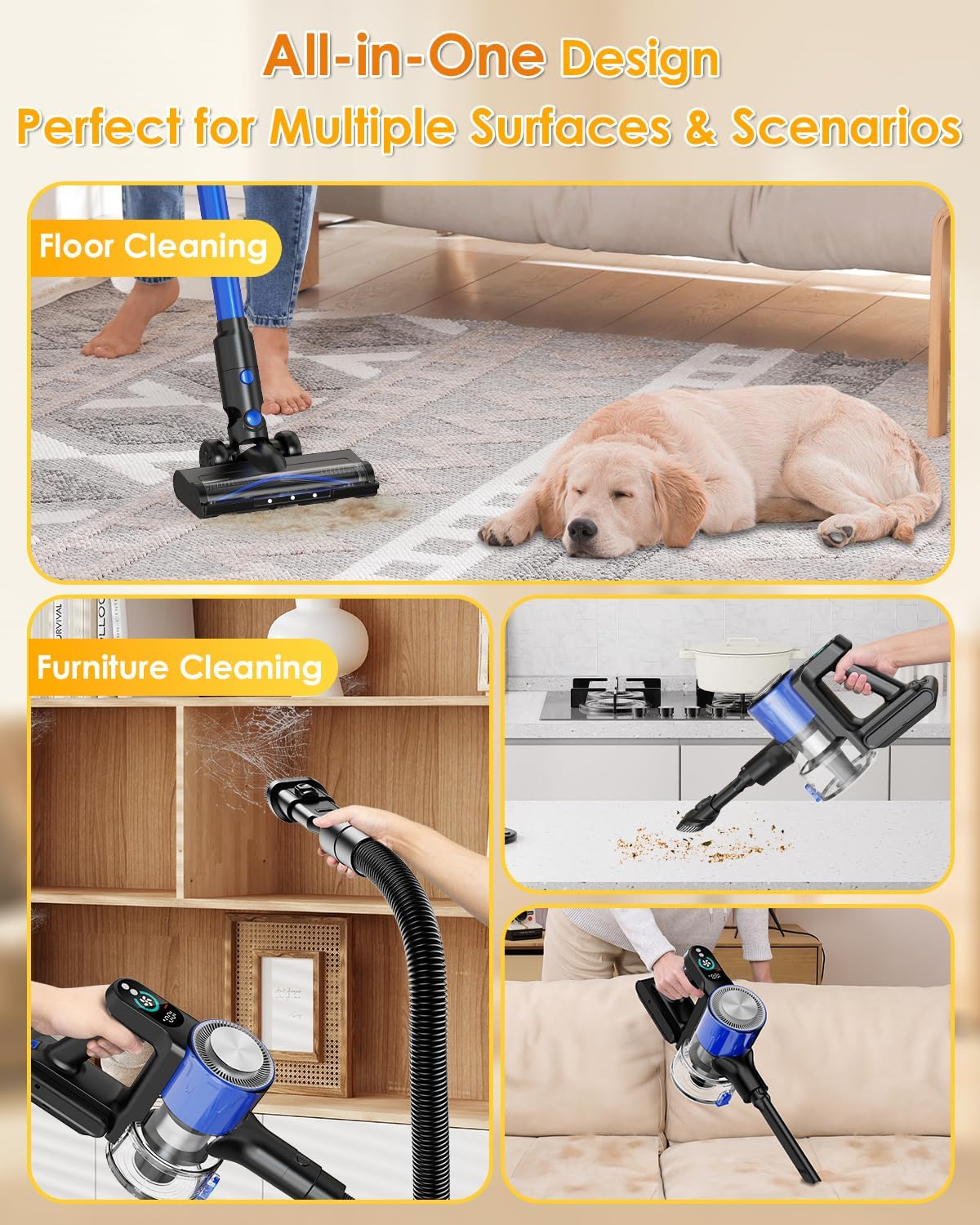 Aspirapolvere Senza Fili Con Max 60MIN, Aspirazione Potente Da 500W/50000PA, Ricarica a Parete, Scopa Elettrica Senza Fili Potente Con LED Screen, Spazzole Multiple, Adatto per Tappeti/Pavimenti