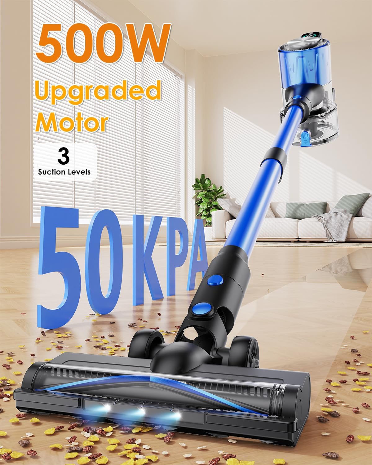 Aspirapolvere Senza Fili Con Max 60MIN, Aspirazione Potente Da 500W/50000PA, Ricarica a Parete, Scopa Elettrica Senza Fili Potente Con LED Screen, Spazzole Multiple, Adatto per Tappeti/Pavimenti