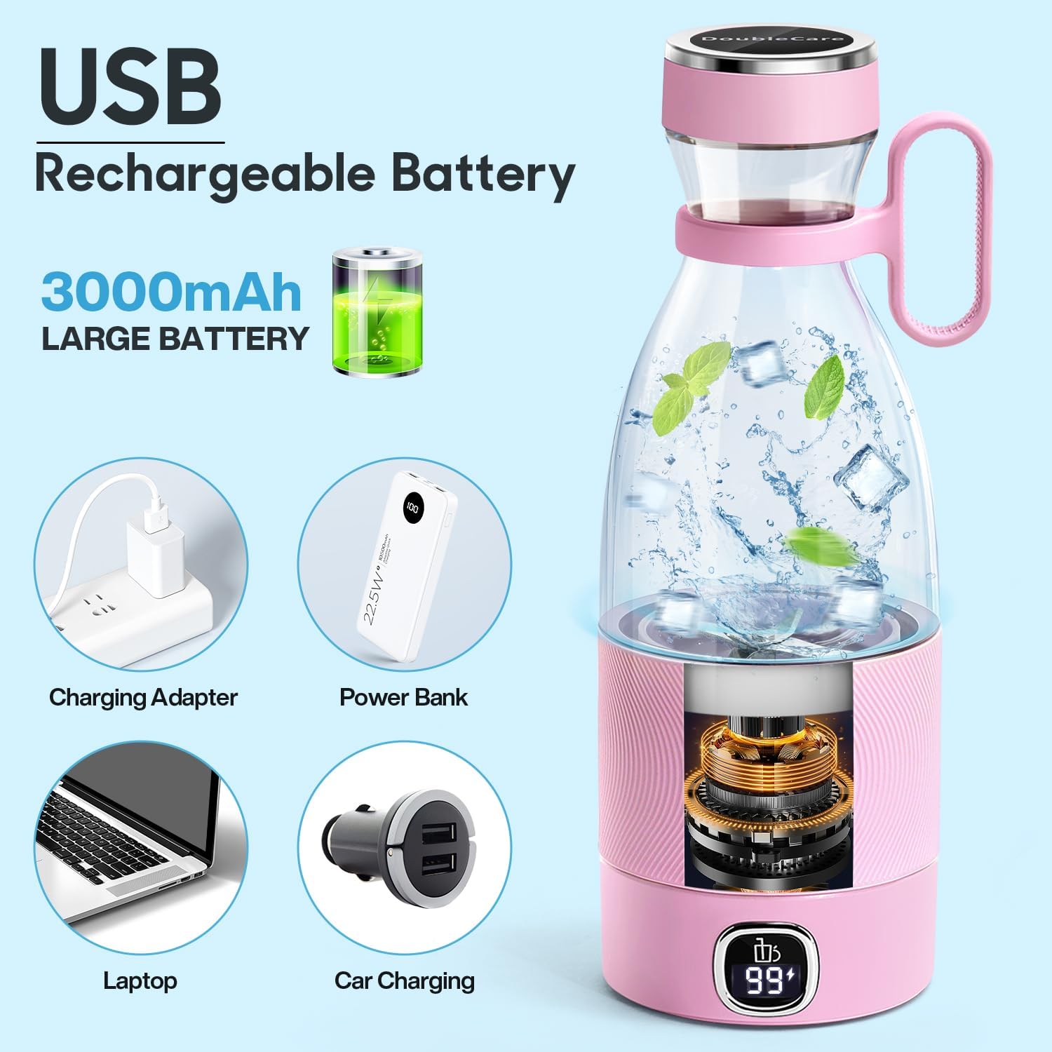 Frullatore Portatile, 6 Lame Con Display a Led, Mini Frullatore Da 350 Ml, Frullatore Elettrico USB, Batteria Ricaricabile Da 3000 Mah, Para Familia, Deporte Y Viajes, Rosa