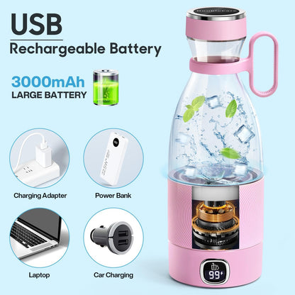 Frullatore Portatile, 6 Lame Con Display a Led, Mini Frullatore Da 350 Ml, Frullatore Elettrico USB, Batteria Ricaricabile Da 3000 Mah, Para Familia, Deporte Y Viajes, Rosa
