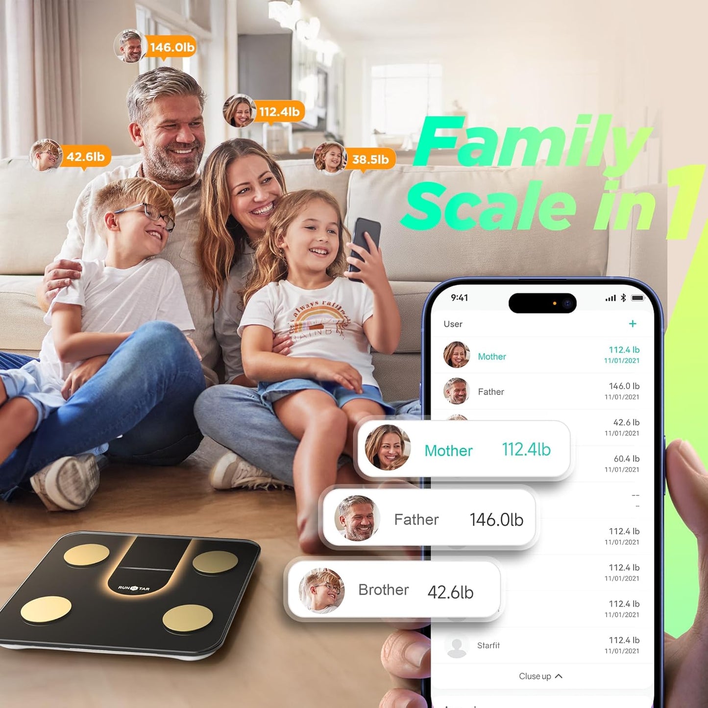 Bilancia  Pesapesone, Bilancia Smart Con Display VA 8In1, Bilancia Pesapersone Digitale Alta Precisione Peso Corporeo, FC, BMI, Grasso Corporeo, 22 Dati Composizione Corporea, Sync App