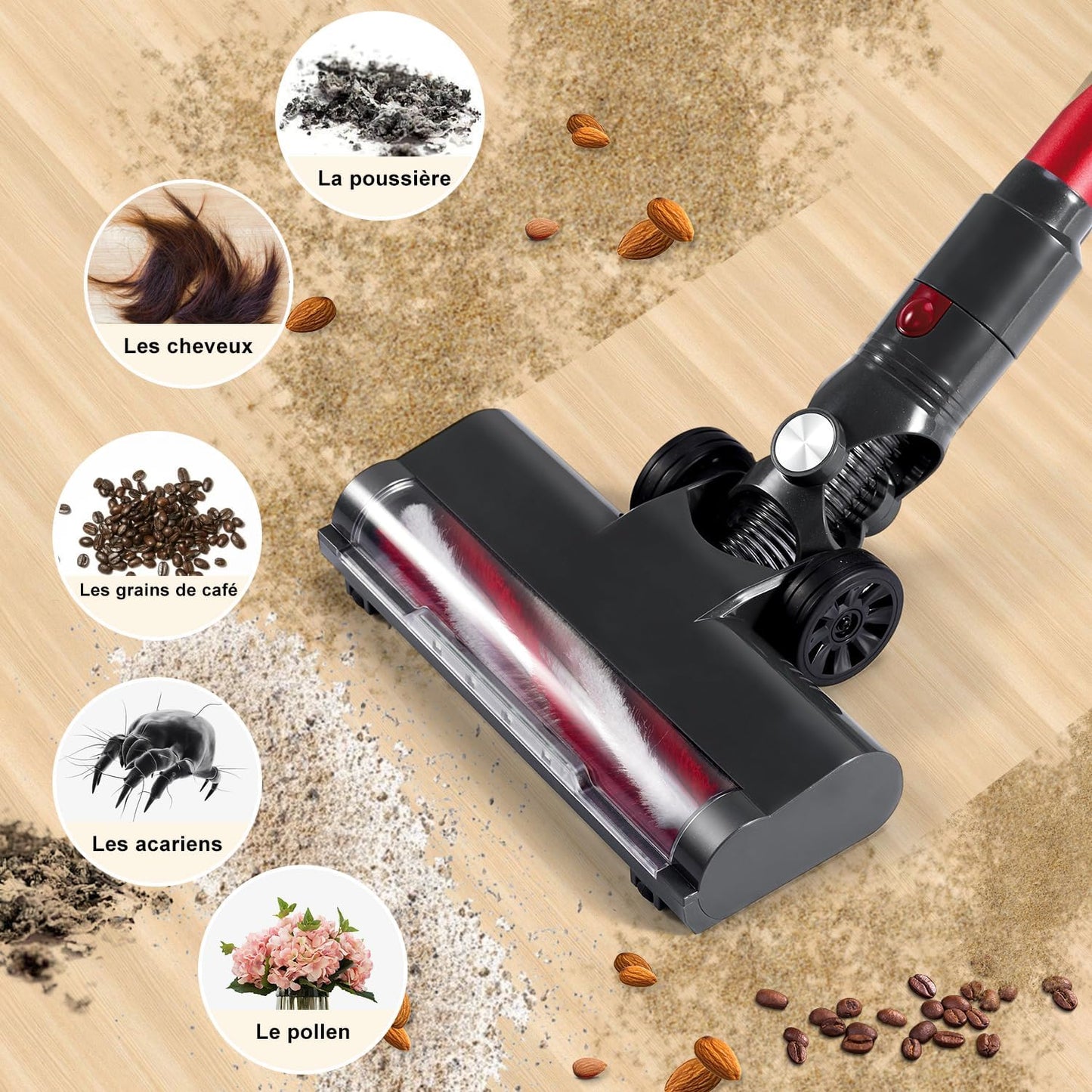 Aspirapolvere Senza Fili 4-In-1 LED 1L Aspirapolvere Telescopico 150W 6X 2200Mah Autonomia Di 49 Minuti, 2 Velocità,Ultraleggero Adatto per Tappeti Pavimenti Duri Peli Di Animali (Rosso)