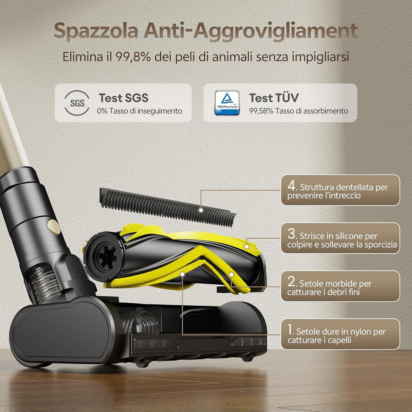 Aspirapolvere Senza Fili, 50Kpa/65 Min Scopa Elettrica Senza Fili, Aspirapolvere Potente Con Tubo Telescopica, Autoportante, Tecnologia Greeneye, per Tappeti/Pavimenti/Peli Di Animali