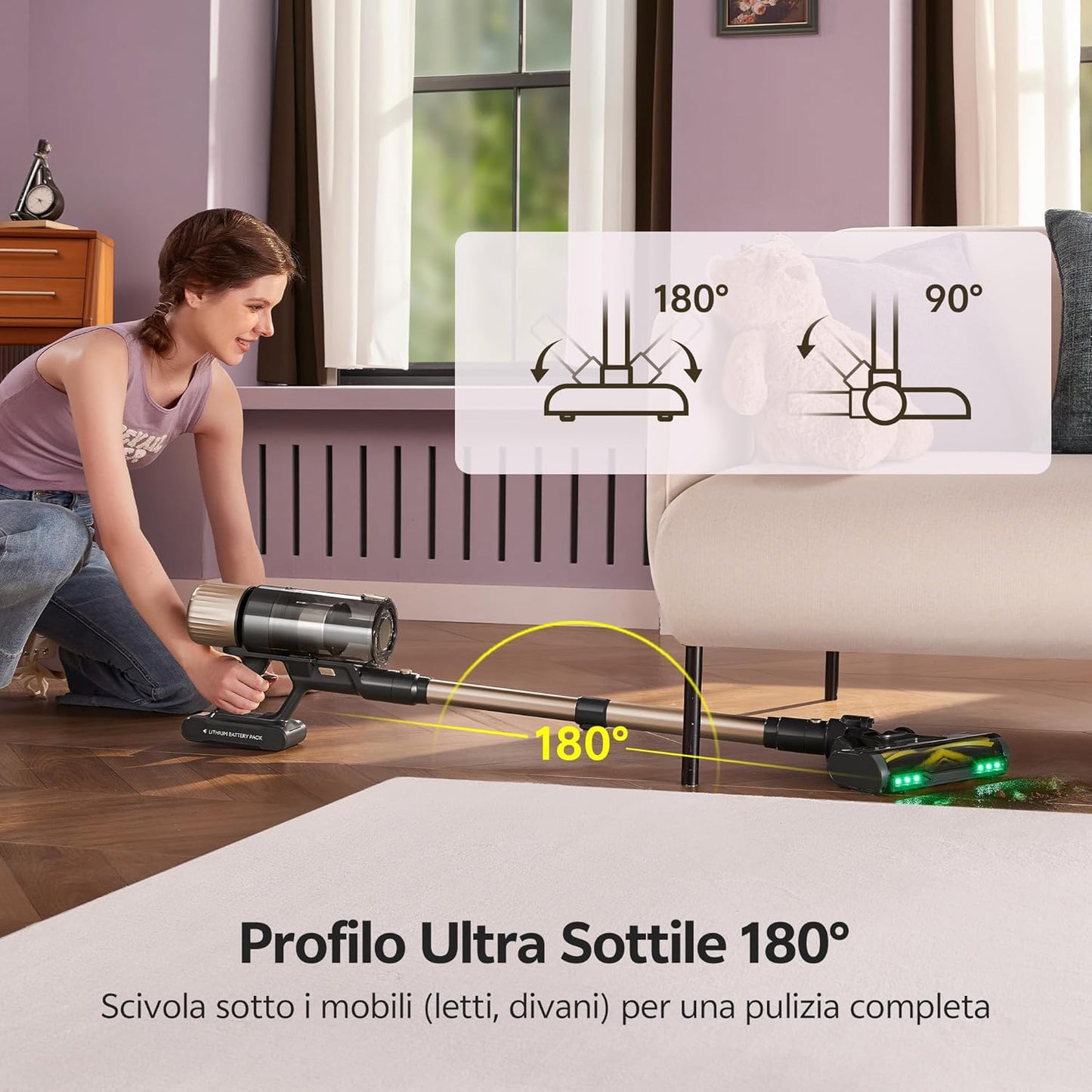 Aspirapolvere Senza Fili, 50Kpa/65 Min Scopa Elettrica Senza Fili, Aspirapolvere Potente Con Tubo Telescopica, Autoportante, Tecnologia Greeneye, per Tappeti/Pavimenti/Peli Di Animali