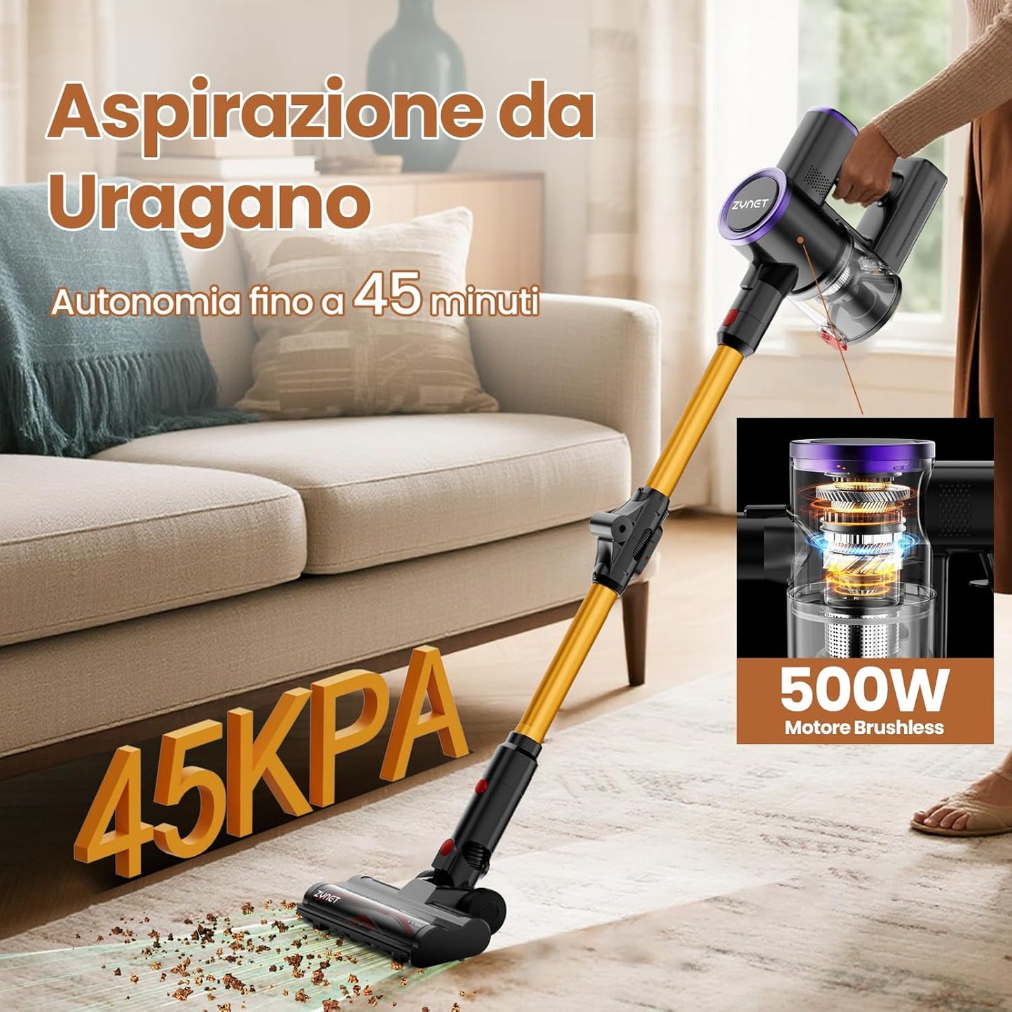 S9 Aspirapolvere Senza Fili, 45000Pa/500W/45Min Scopa Elettrica Senza Fili Con Tubo Pieghevole E Supporto a Parete, Motore Brushless, per Peli Di Animali Domestici, Tappeti E Pavimenti Duri