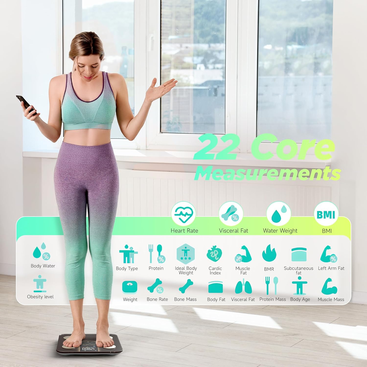 Bilancia  Pesapesone, Bilancia Smart Con Display VA 8In1, Bilancia Pesapersone Digitale Alta Precisione Peso Corporeo, FC, BMI, Grasso Corporeo, 22 Dati Composizione Corporea, Sync App