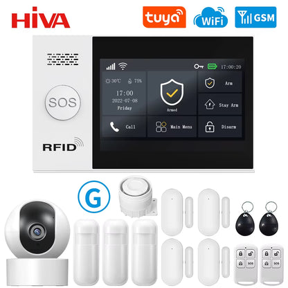 PG-107 Tuya Wireless WIFI GSM Home Burglar Alarm System IP Camera PIR Motion Sensor Door Sensor Security Alarm Kit APP Control
