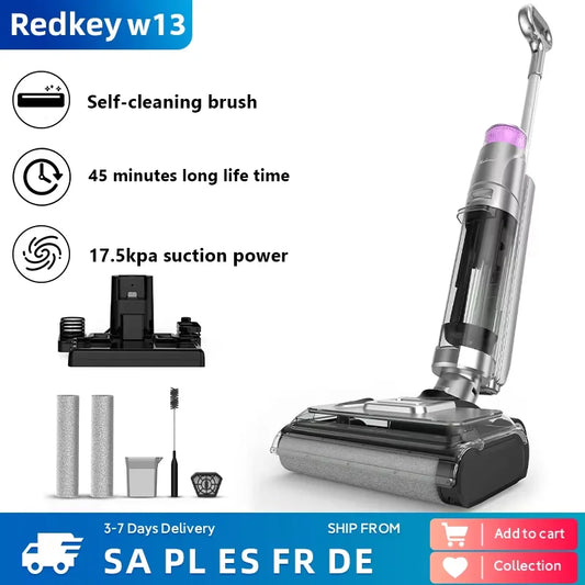 W13 17.5Kpa Wireless Wet Dry Vacuum Cleaner 45Min Runtime Multi-Surface Smart Cordless Mop Floor Washer Self-Cleaning