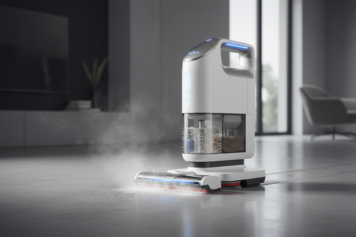 aspirapolvere senza fili lavapavimenti mentre pulisce con un effeto moderno