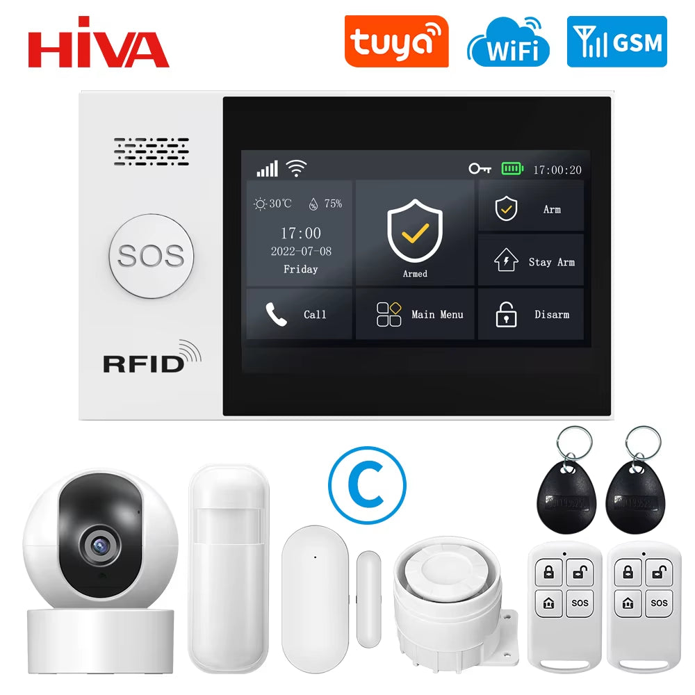 PG-107 Tuya Wireless WIFI GSM Home Burglar Alarm System IP Camera PIR Motion Sensor Door Sensor Security Alarm Kit APP Control